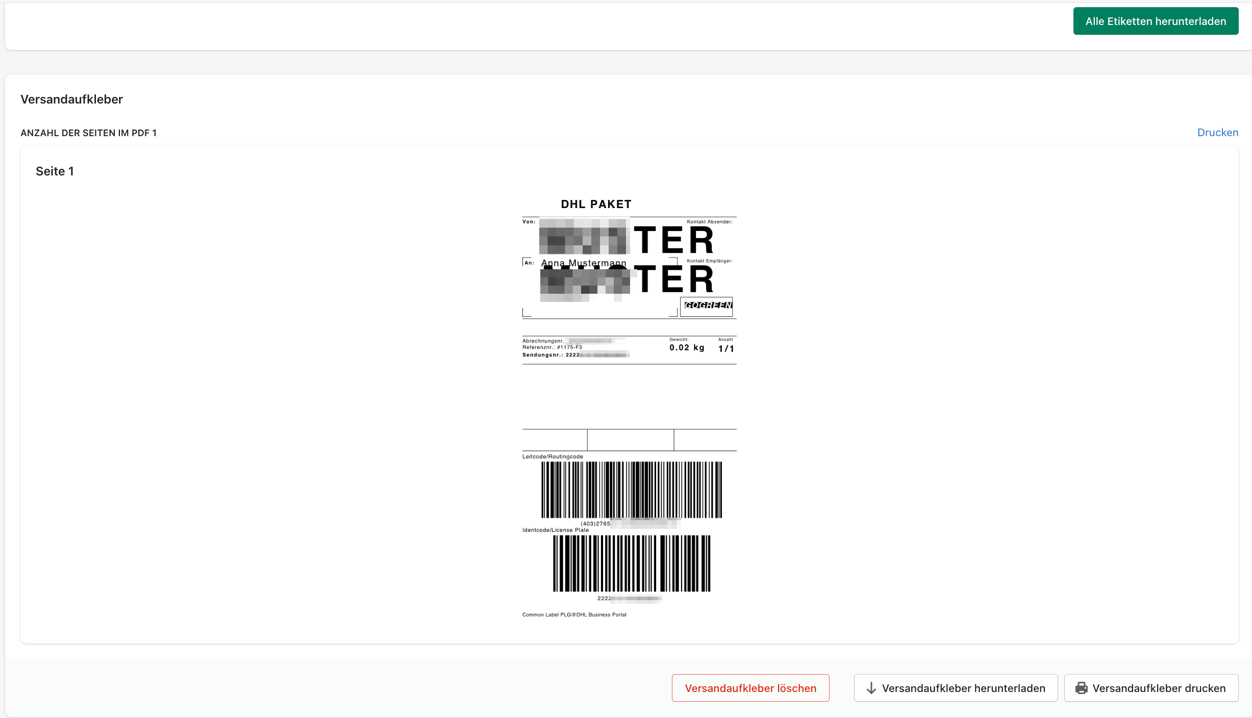 Versandlabel löschen