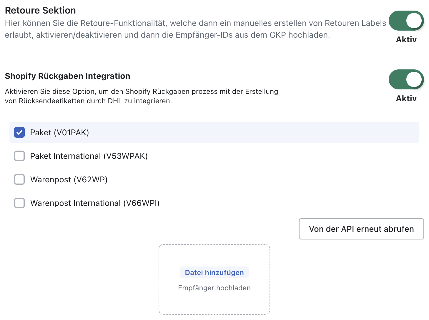 Retoure Sektion einstellen